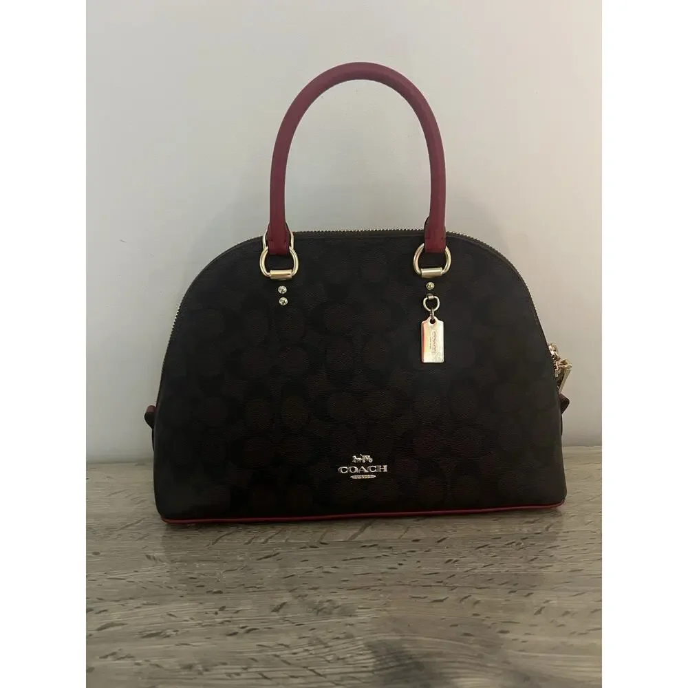 Coach 2558 Katy Satchel Signature Canvas & Leather Bag - Brown/Red dome satchel